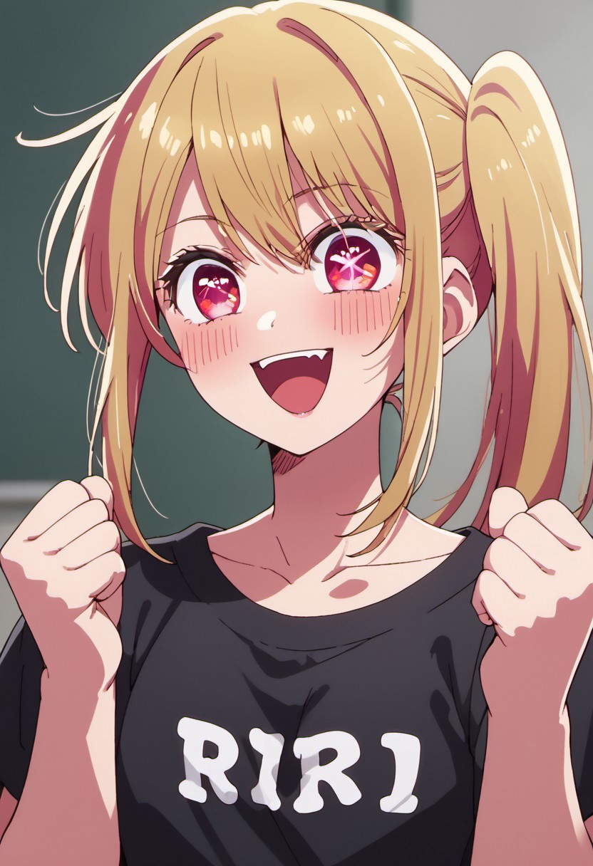 score_9, score_8_up, score_7_up, source_anime, hoshino ruby, blonde hair, long hair, pink eyes, symbol-shaped pupils, 1girl, solo, smile, side ponytail, shirt, open mouth, clenched hands, collarbone, black shirt, blush, sidelocks, :d