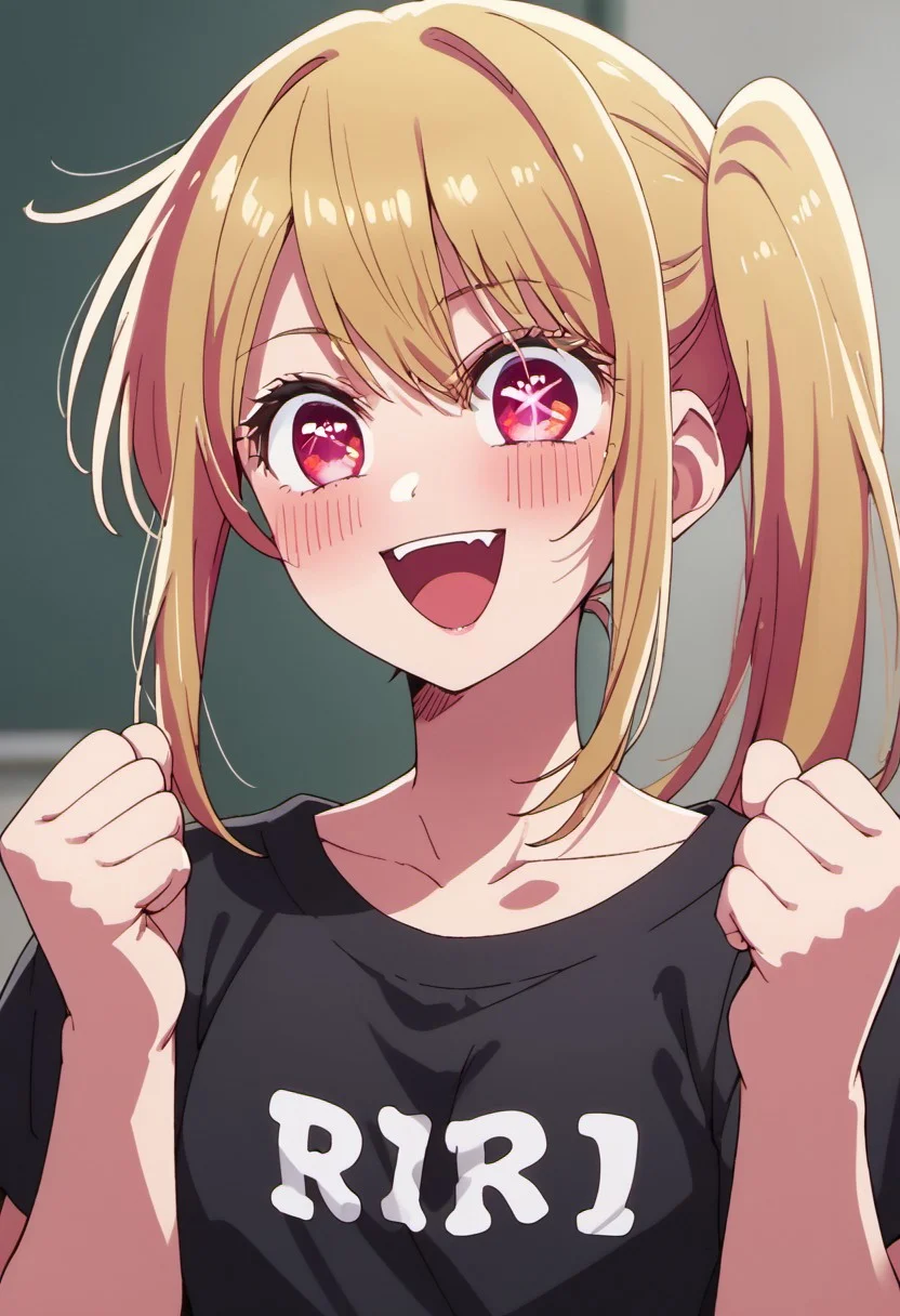 score_9, score_8_up, score_7_up, source_anime, hoshino ruby, blonde hair, long hair, pink eyes, symbol-shaped pupils, 1girl, solo, smile, side ponytail, shirt, open mouth, clenched hands, collarbone, black shirt, blush, sidelocks, :d