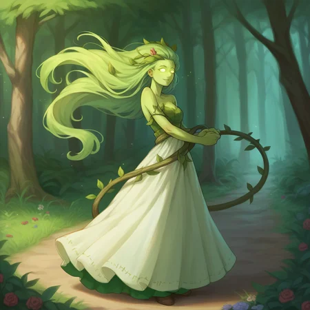 score_9, score_8_up, score_7_up, score_6_up, score_5_up, score_4_up, BREAK, 
elemental \(creature\), 1girl, solo, dryad, green skin, nature spirit, glowing eyes, woodland, flowing dress, vines, leaves, serene, peaceful, mystical, standing, tree bark, ethereal, long hair, flowers, magical, forest, gentle expression, dancing in a meadow, joyful expression
<lora:elementals_v2:1>