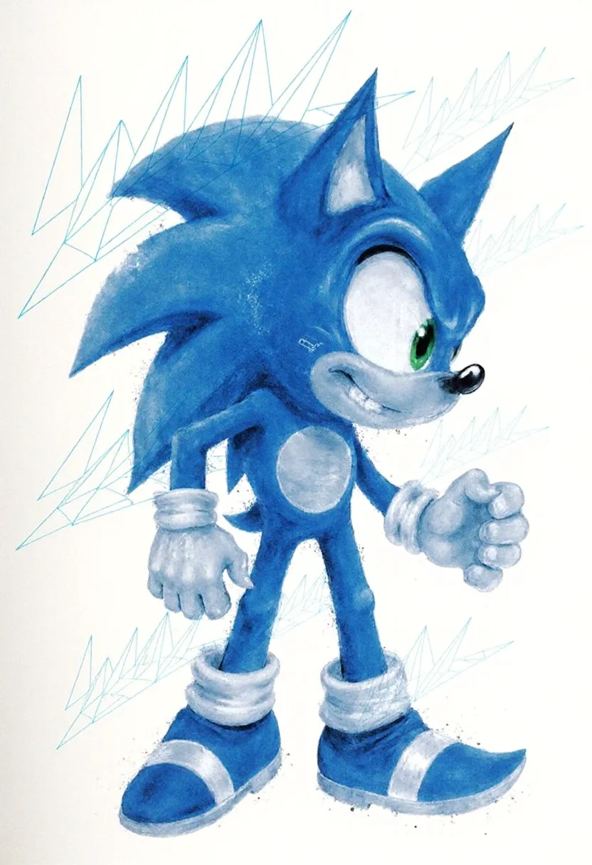 <lora:Acrobatic_Maneuvers_Style_FLUX-000015:0.9> <
This image is a digital drawing that combines elements of surrealism and modern art. The central figure is a stylized, three-dimensional representation of Sonic the Hedgehog, with striking details rendered in various shades of blue.