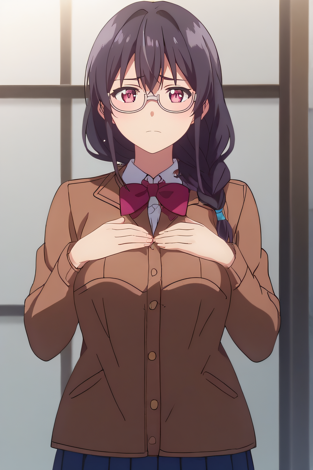 score_9, score_8_up, score_7_up, source_anime, rating_safe, intricate details, anime screencap, official style, <lora:Saitou_Fumika:1>, saitou, glasses, pink eyes, long hair, braid, hair over shoulder, red bowtie, brown jacket, large breasts, blue skirt, pleated skirt, standing, cowboy shot, looking at viewer, embarrased, five fingers, indoor, two hands, sad expression, hands on chest
