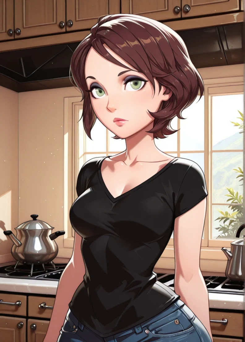 fireemblemxd, masterpiece, best quality, amazing quality, very aesthetic, absurdres, newest, detailed background, indoors, kitchen, looking at viewer,
cassxd, 1girl, solo, short hair, brown hair, green eyes, looking at viewer, collarbone,, lips, makeup,
black shirt, jewelry, denim pants,
medium breasts, posing, milf, curvy, large thights, wide hips,
<lora:Aunt_Cass_Hamada_-_Disney_Illustrious:1> ,<lora:Fire_Emblem_Style:1>