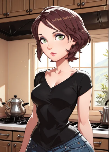 fireemblemxd, masterpiece, best quality, amazing quality, very aesthetic, absurdres, newest, detailed background, indoors, kitchen, looking at viewer,
cassxd, 1girl, solo, short hair, brown hair, green eyes, looking at viewer, collarbone,, lips, makeup,
black shirt, jewelry, denim pants,
medium breasts, posing, milf, curvy, large thights, wide hips,
<lora:Aunt_Cass_Hamada_-_Disney_Illustrious:1> ,<lora:Fire_Emblem_Style:1>