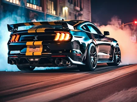 a closeup photo of mstgsgt500 car , drifting, smoke, ultra detailed, hdr, 8k, ultra high-res, movie picture still-frame, neon city night lights, lights streaks, reflective floor <lora:mstgsgt500_car_t02_SDXL-000010:0.7>