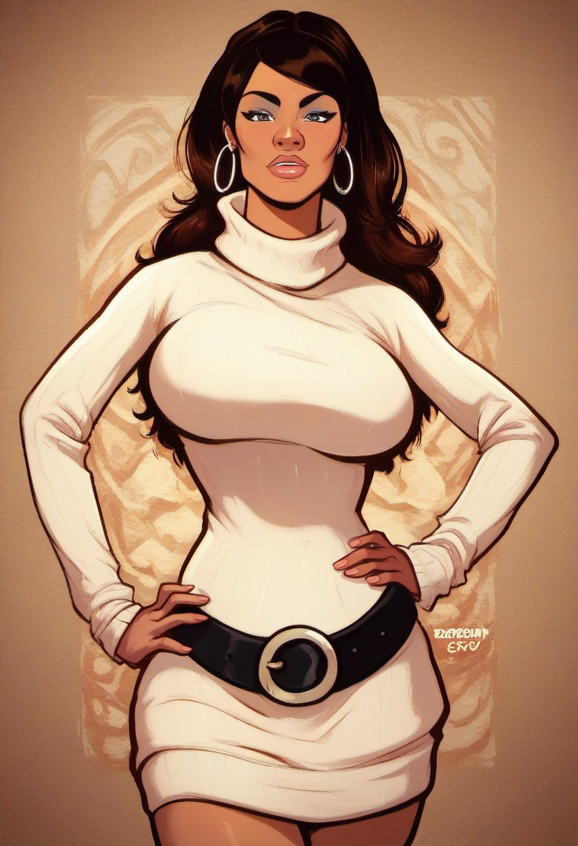 zPDXL, score_9, score_8_up, score_7_up, score_6_up, score_5_up, score_4_up, BREAK  detailed background, <lora:Lana_Kane_PonyXL:1>, lana_kane, 1girl, breasts, jewelry, earrings, hoop earrings, large breasts, belt, dress, sweater dress, sweater, long hair, hand on hip, curvy, hip cocked, looking at viewer