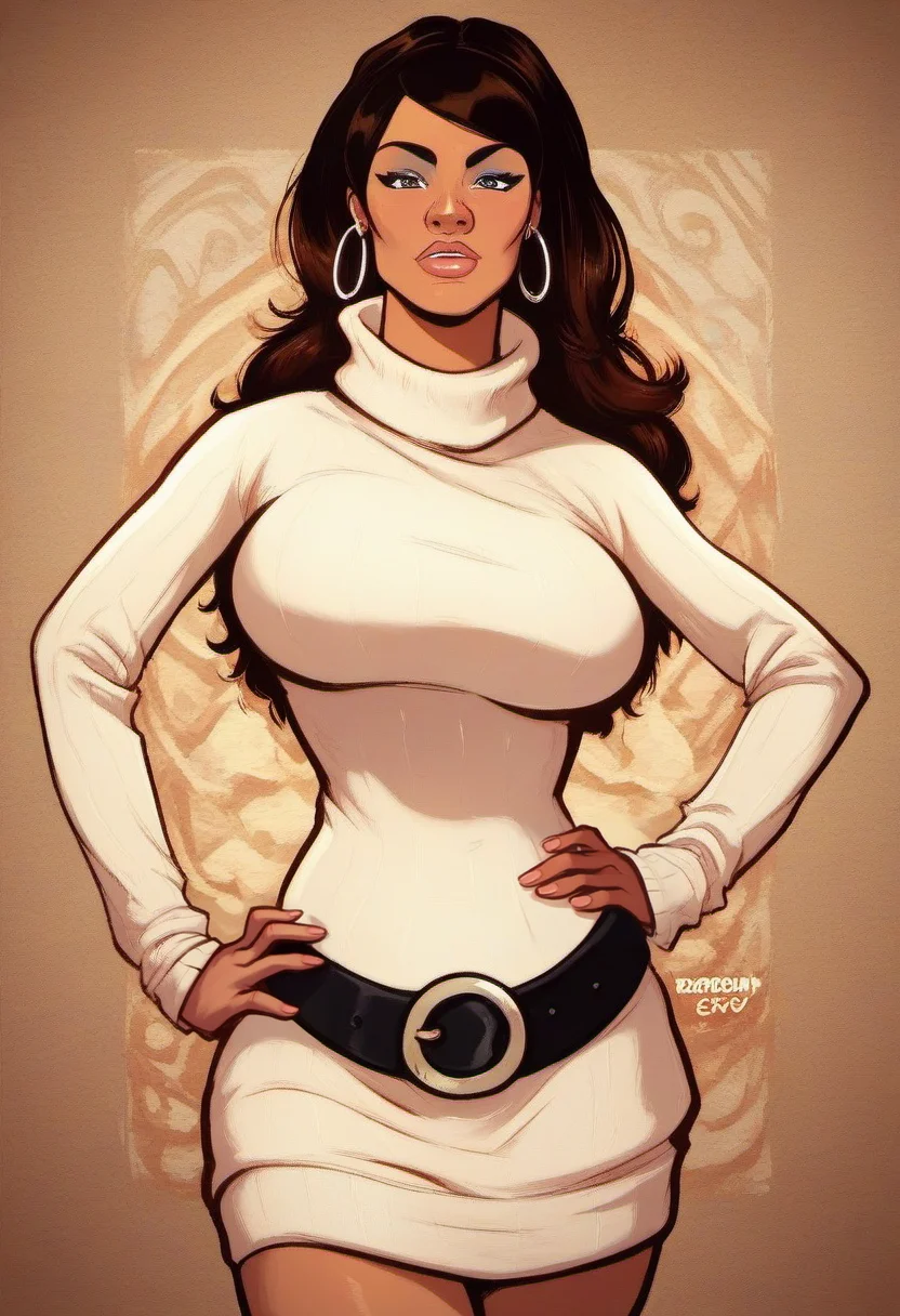 zPDXL, score_9, score_8_up, score_7_up, score_6_up, score_5_up, score_4_up, BREAK  detailed background, <lora:Lana_Kane_PonyXL:1>, lana_kane, 1girl, breasts, jewelry, earrings, hoop earrings, large breasts, belt, dress, sweater dress, sweater, long hair, hand on hip, curvy, hip cocked, looking at viewer