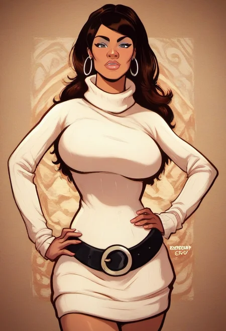 zPDXL, score_9, score_8_up, score_7_up, score_6_up, score_5_up, score_4_up, BREAK detailed background, <lora:Lana_Kane_PonyXL:1>, lana_kane, 1girl, breasts, jewelry, earrings, hoop earrings, large breasts, belt, dress, sweater dress, sweater, long hair, hand on hip, curvy, hip cocked, looking at viewer