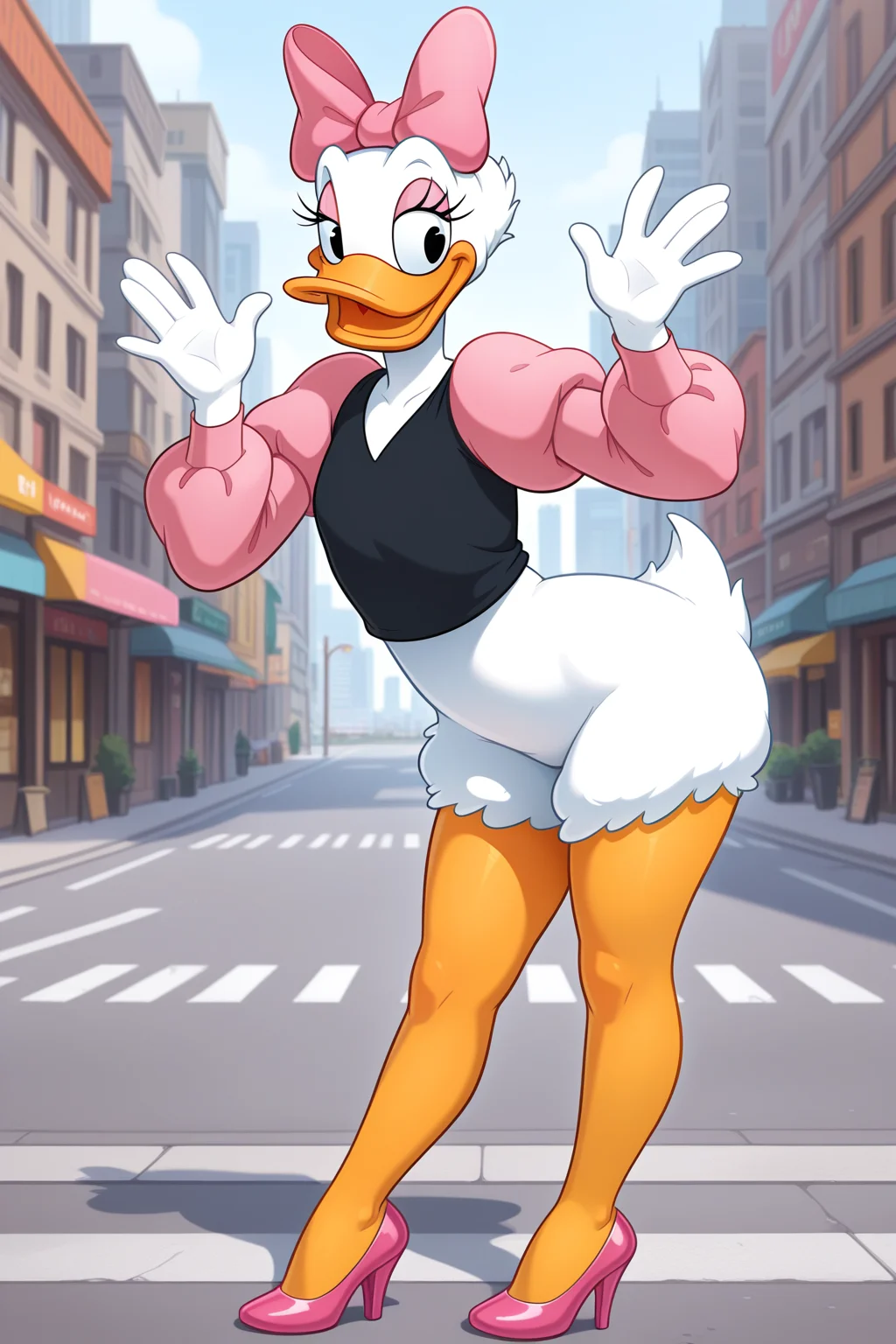 masterpiece, best quality, amazing quality, absurdres, daisyduck, solo, standing, waving, white plumage, white feathers, orange legs, looking at viewer, smile, pink bow, puffy sleeves, short pink sleeves, black shirt, pink stiletto heels, outdoors, city, street