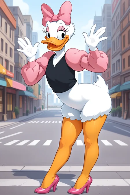 masterpiece, best quality, amazing quality, absurdres, daisyduck, solo, standing, waving, white plumage, white feathers, orange legs, looking at viewer, smile, pink bow, puffy sleeves, short pink sleeves, black shirt, pink stiletto heels, outdoors, city, street