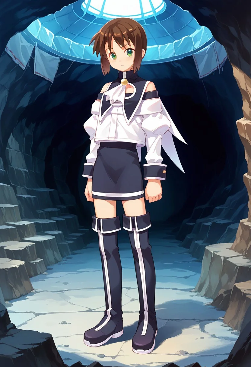 score_8, score_8_up, score_7_up, source_anime, anime screenshot, 1girl, female focus, solo, Natsumi_SN1, green eyes, brown hair, short hair, bangs, sidelocks, short hair with long locks, capelet, neck bell, ascot, off-shoulder shirt, bare shoulders, juliet sleeves, long sleeves, sleeve cuffs, circle skirt, fold-over boots, thigh boots, zettai ryouiki, magma, indoors, underground, cave, full body, looking at viewer, standing, arms at sides