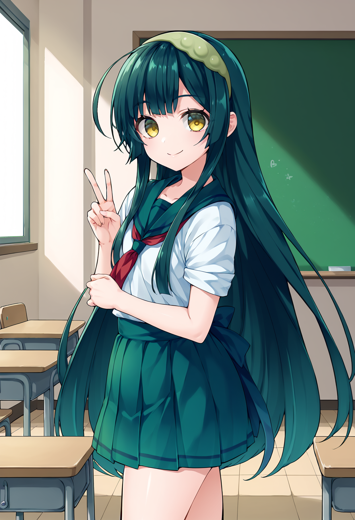 score_9, score_8_up, score_7_up, source_anime,  <lora:lowres_concept_ponyXL_v1:-0.3> 1girl, solo, looking at viewer, 
BREAK,
 <lora:touhoku_zunko_PonyXL_v1:1> touhoku zunko, very long hair, green hair, yellow eyes, green hairband, school uniform, serafuku, classroom, smile, standing, closed mouth, peace sign, v,