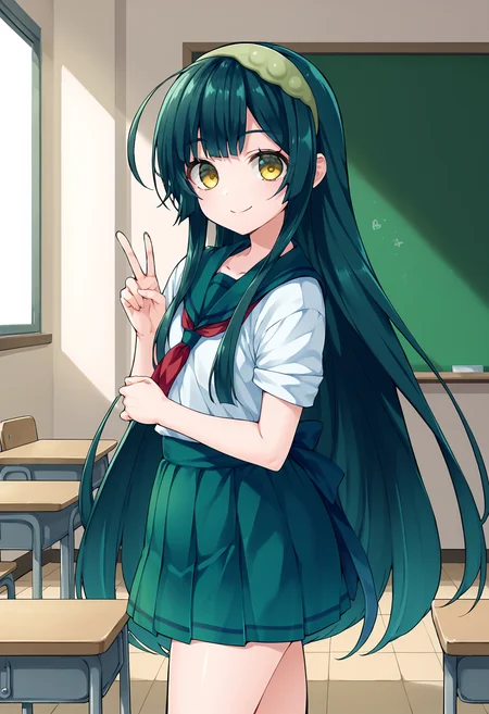 score_9, score_8_up, score_7_up, source_anime, <lora:lowres_concept_ponyXL_v1:-0.3> 1girl, solo, looking at viewer,
BREAK,
<lora:touhoku_zunko_PonyXL_v1:1> touhoku zunko, very long hair, green hair, yellow eyes, green hairband, school uniform, serafuku, classroom, smile, standing, closed mouth, peace sign, v,
