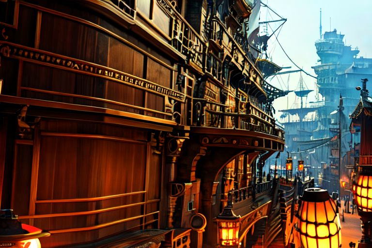 Flying pirate ship PiRe in steampunk style. There is a large robotic dragon head on the front of the ship. mechanic, android, realistic,  highly detailed technical, beautiful, gorgeous, dramatic lighting, golden ratio, Intricate details, 8K, ultra realistic, photography, RTX, light mode, octane render, morbide, HDR, trending on artstation,