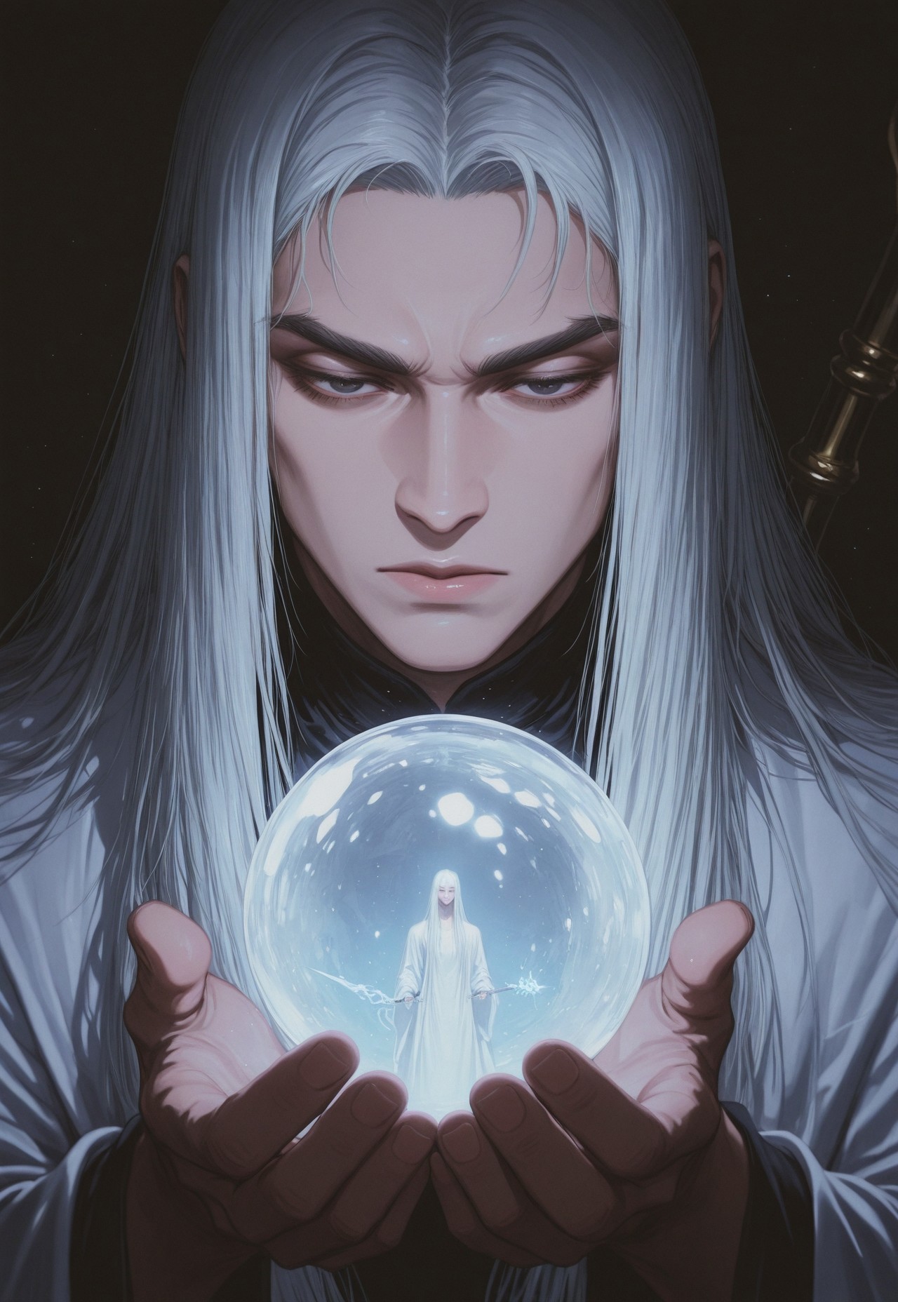 1man, (solo), human, facial_hair, long beard, white_beard, (dark_eyes), very long hair, straight_hair, (white_hair), \samuran\, (long white_robes), expressionless, serious, annoyed eyes, portrait, closeup of face, (black thick_eyebrows), hand_over_crystal_ball, magic, holding, holding_weapon, (mage staff), dark room, dark_background, light particles, shallow depth of field, detailed lighting, cinematic shot, portrait, fisheye, kodachrome, masterpiece, best quality, (ultra-detailed), high quality, very aesthetic, conti2, aesthetic