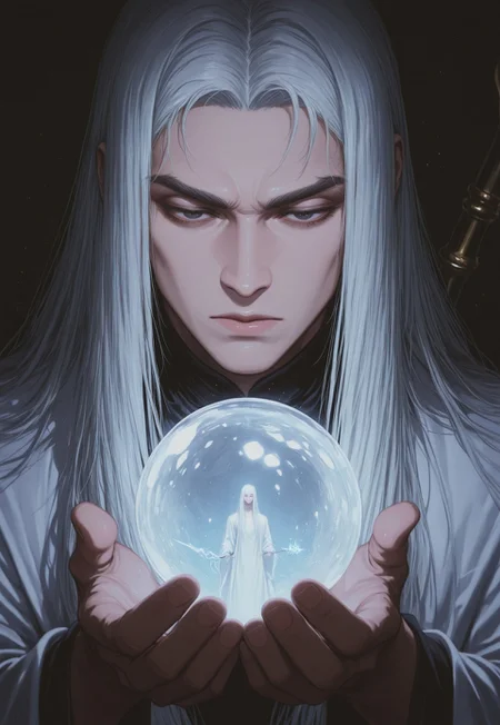 1man, (solo), human, facial_hair, long beard, white_beard, (dark_eyes), very long hair, straight_hair, (white_hair), \samuran\, (long white_robes), expressionless, serious, annoyed eyes, portrait, closeup of face, (black thick_eyebrows), hand_over_crystal_ball, magic, holding, holding_weapon, (mage staff), dark room, dark_background, light particles, shallow depth of field, detailed lighting, cinematic shot, portrait, fisheye, kodachrome, masterpiece, best quality, (ultra-detailed), high quality, very aesthetic, conti2, aesthetic