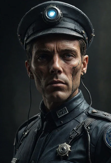 Create a captivating caption for a close-up photo of a stern-looking Thought Officer in a retro sci-fi police uniform with a peaked cap. The dystopian backdrop sets the tone, and the officer's face is a striking blend of human and cyborg elements, with one glowing eye.
very detailed, atmospheric haze, Film grain, cinematic film still, shallow depth of field, highly detailed, high budget, cinemascope, moody, epic, OverallDetail, gorgeous, 2000s vintage RAW photo, photorealistic, candid camera, color graded cinematic, eye catchlights, atmospheric lighting, skin pores, imperfections, natural, shallow dof