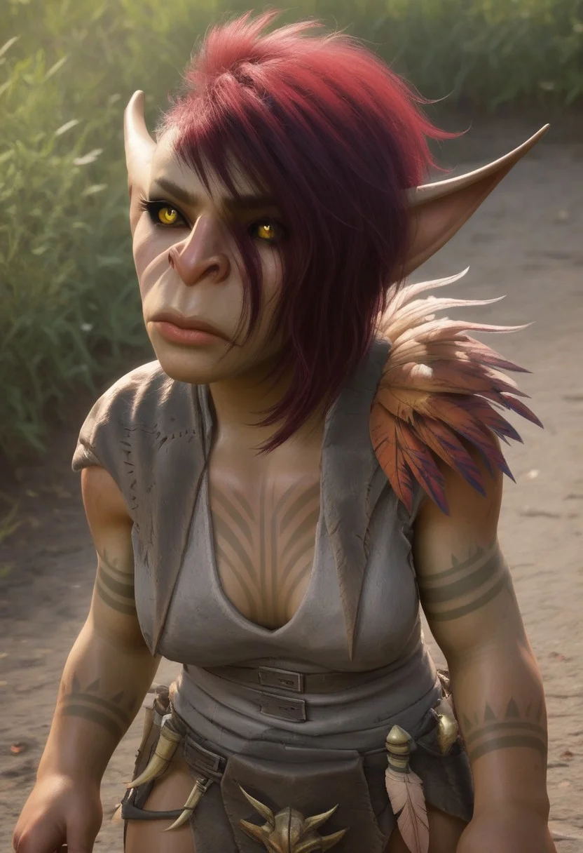 1girl, female goblin, green skin, red hair, short hair, side cut, hair over left eye, pointy ears, yellow eyes (black sclera), goblin ears, tattooed, sharp fingernails, grey rags, feathers on left shoulder shortstack, short stack, realistic, score_8_up, score_7_up, BREAK, 1girl, solo, closeup, frown