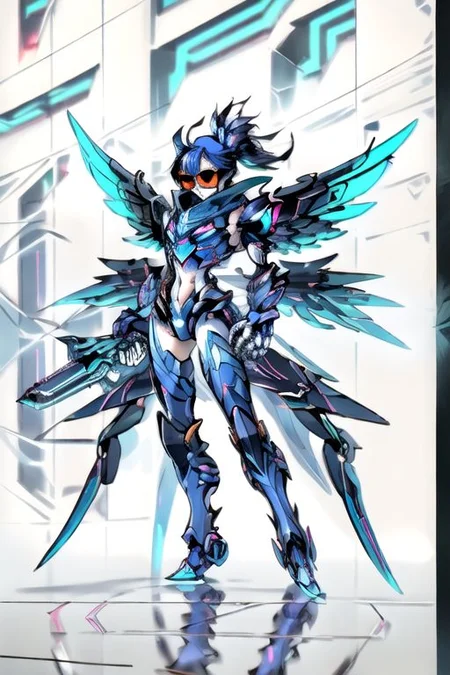 full body,brawllhalla style, brawwl,mecha, large wings,neon_grid_sunglasses