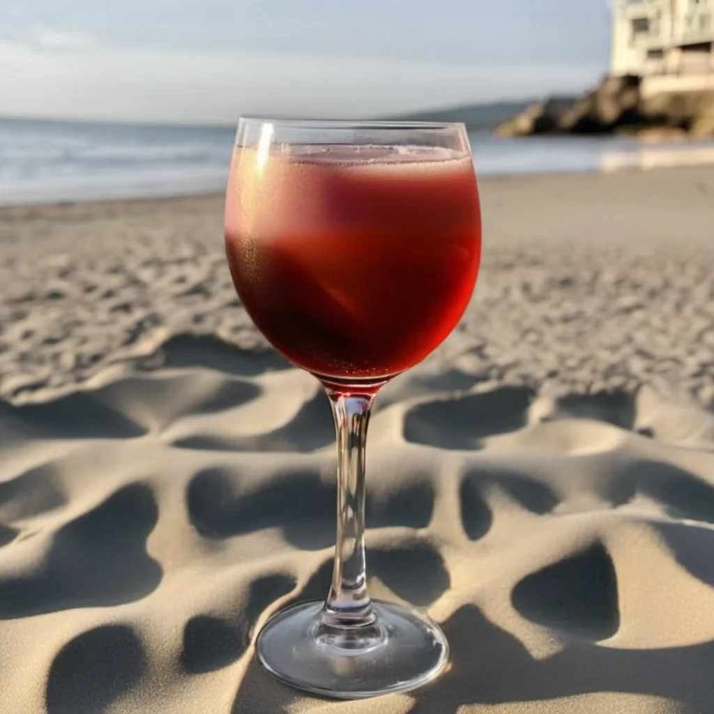 image of a full glass of wine standing on beach. <lora:wineandclock:1.12>