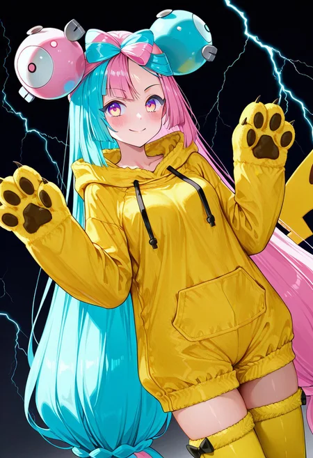 masterpiece, best quality, newest, absurdres, highres, anime,
zzIono, solo, 1girl, long hair, pink eyes, blue hair, pink hair, light blue hair, multicolored hair, bow-shaped hair,
blush, smile,
pikachu tail, hood, hood down, onesie, yellow thighhighs, animal hands, long sleeves,
mad-lgthng, lightning,
dutch angle,