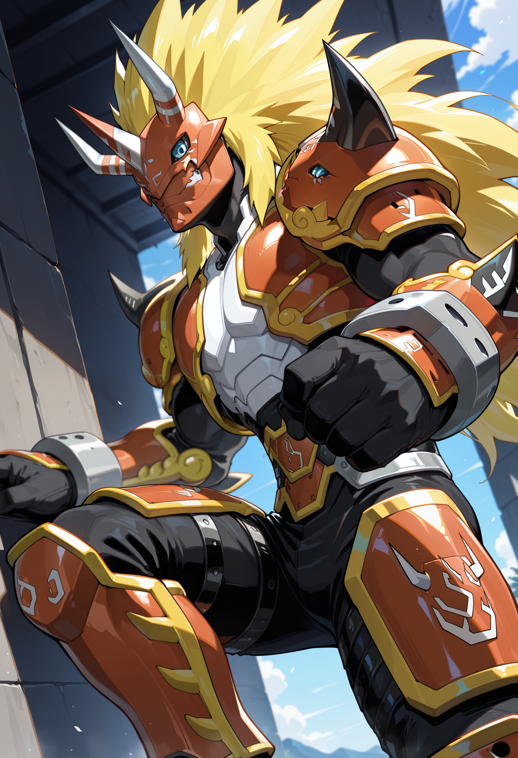 masterpiece,best quality,amazing quality, 1boy, solo, 4gun1, digimon (creature), armor, armored boots, gloves, mask, tan skin, close up, side angle, face, 