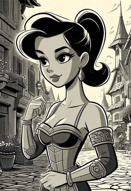 busty brunette warrior woman with a ponytail stands in a medieval city, wearing intricate armor, (8k uhd, masterpiece, best quality, high quality, absurdres, ultra-detailed), 1girl, ((detailed hands)), easynegative, FastNegativeV2, ca21mv6-235, realistic eyes