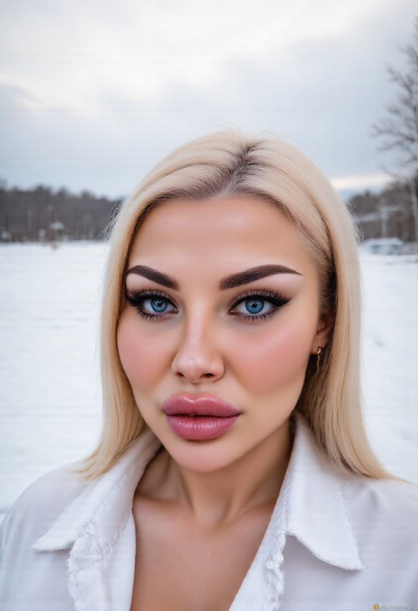 cinematic upper body photo, Dramatic Shadow with a Bold Look, Mysterious Oriental Beauty, FE 85mm f/1.4 GM, ISO 100, excellent dynamic range, beautiful woman, daylight, snow, white winter background, snowing sky, makeup, natural youthful glow. White modern clothes, straight white hair cascading down her shoulders, Her eyes are almond-shaped and striking blue ,accentuated by thick ,eyeliner. Her eyebrows are well-groomed,framing her eyes. arctic circle snow drift, snowing, snowflakes, cold, chill bumps, approaching perfection, dynamic, highly detailed, smooth, sharp focus, intricate details, shallow depth of field, vignette, high budget, bokeh, cinemascope, moody, epic, gorgeous, film grain, grainy,(skin texture:1.4) 
adorned with cascading vines and blooming flowers,.,<lora:Esc_Makeup:0.4>, Extreme emphasize on photorealistic, realistic detail, realistic reflection detail and realistic background detail.