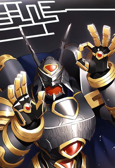 score_9,rating_safe,source_anime,upper body,pachameme, hands up, ok sign, closed eyes,cyberspace,virtual realm,solo,alphamon,cape