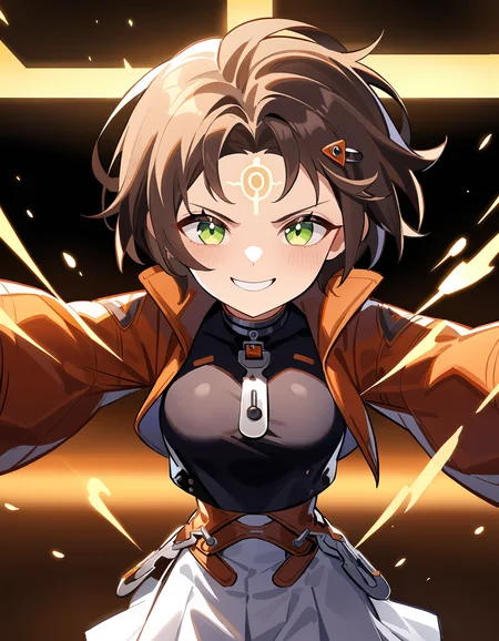 masterpiece,best quality,very aesthetic,absurdres,pov,face viewer,smile,teetch,
<lora:qianqiu_xl:0.8>,anotherstyle,felllowmoon-qianqiu,1girl,solo,fellowmoon-qianqiu2,jacket,skirt,orange jacket,short hair,green eyes,brown hair,facial mark,shirt,black shirt,glowing,forehead mark,