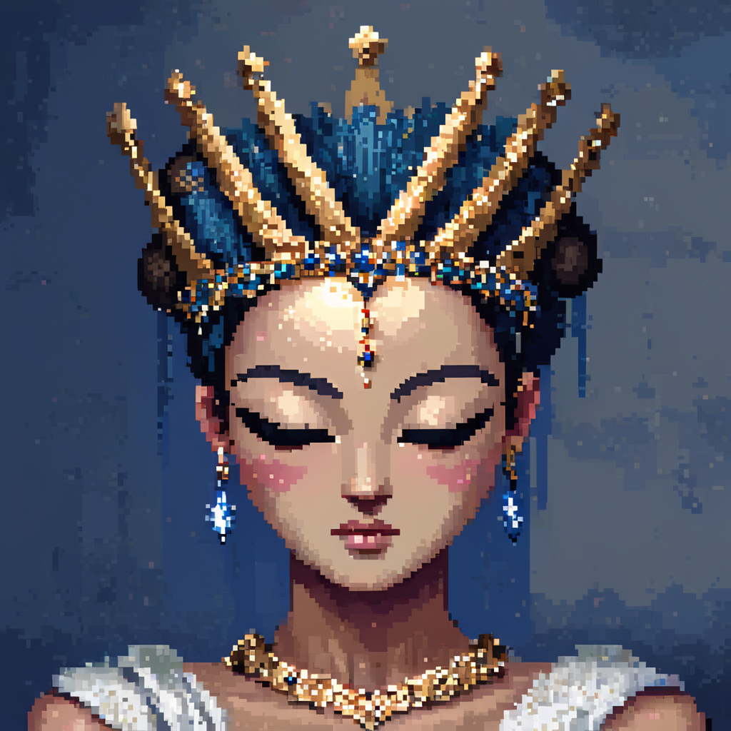 <lora:Pixel_Art_Styles:1>   ArsMJStyle, Pixel Art, fewP, The image shows a woman with a crown on her head her face in the center of the image. She has a peaceful expression on her face and her hair is pulled back in a bun. Her eyes are closed and she is wearing a white dress with a blue sash. The crown is adorned with jewels and has a golden hue., solo, portrait, looking at viewer, colored skin
