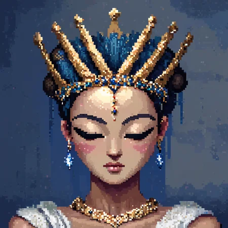 <lora:Pixel_Art_Styles:1> ArsMJStyle, Pixel Art, fewP, The image shows a woman with a crown on her head her face in the center of the image. She has a peaceful expression on her face and her hair is pulled back in a bun. Her eyes are closed and she is wearing a white dress with a blue sash. The crown is adorned with jewels and has a golden hue., solo, portrait, looking at viewer, colored skin