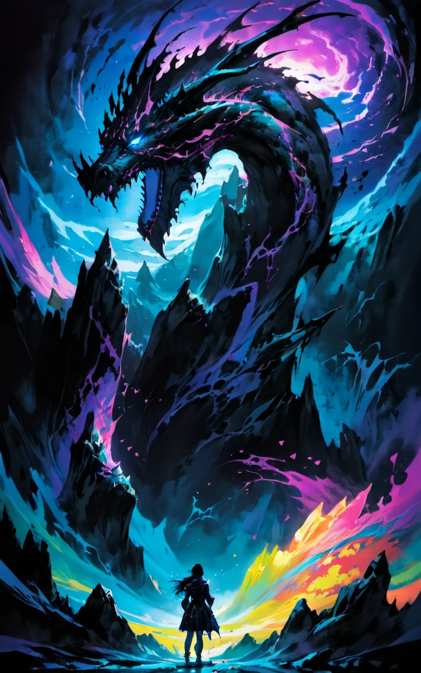 Detailed complex chaotic seascape black light mysterious silhouette of dragons, UV-reactive, black light art concept by Waterhouse, Carne Griffiths, Minjae Lee, Ana Paula Hoppe, Stylized florescent art, Intricate, Complex contrast, HDR,<lora:Painted World:1>,OverallDetail