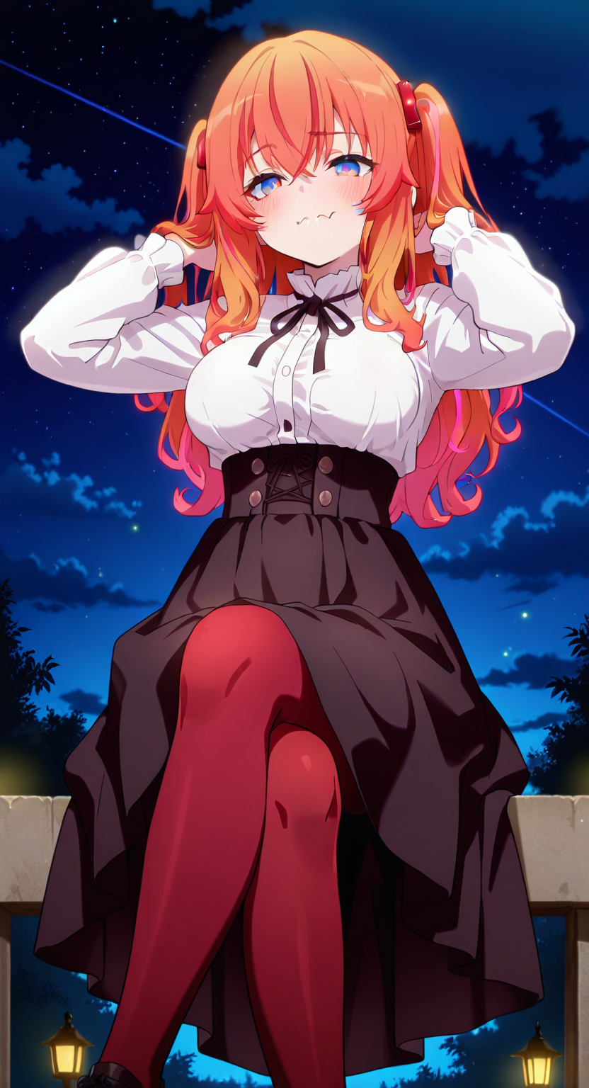 masterpiece, cute, lovely, newest, (best quality:1.3), very aesthetic, 1girl, solo, blush, (medium breasts:1.3), sagging_breasts, (trg_sain), high gradient eyes, high definition eyes, detailed eyes, eyesHD, ChopioM4kina, ong hair, orange hair, streaked hair, multicolored hair, gradient hair, two side up, sidelocks, red hair ornament, hair between eyes, crossed bangs, blue eyes, skin fang, BREAK, red highlight, mole, virgin killer outfit, white shirt, long skirt, pantyhose, slim body, big bust, blush, disgusted face, adjusting hair, outdoors, dark background, star \(sky\), cloud, light particles, glowing, firefly, looking at viewer, sitting, on_wall, crossed legs, amazing quality, highres, very aesthetic, absurdres, newest, scenery