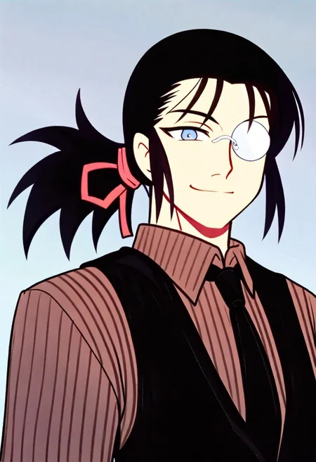 solo, 1Boy, DarkWalter, blue eyes, black hair, back slicked ponytail, red hair ribbon, monocle, monocle over left eye, black tie, black vest, black pinstripe shirt, black fingerless gloves, smile, upper body, masterpiece, best quality, amazing quality, very aesthetic, absurdres, blue background