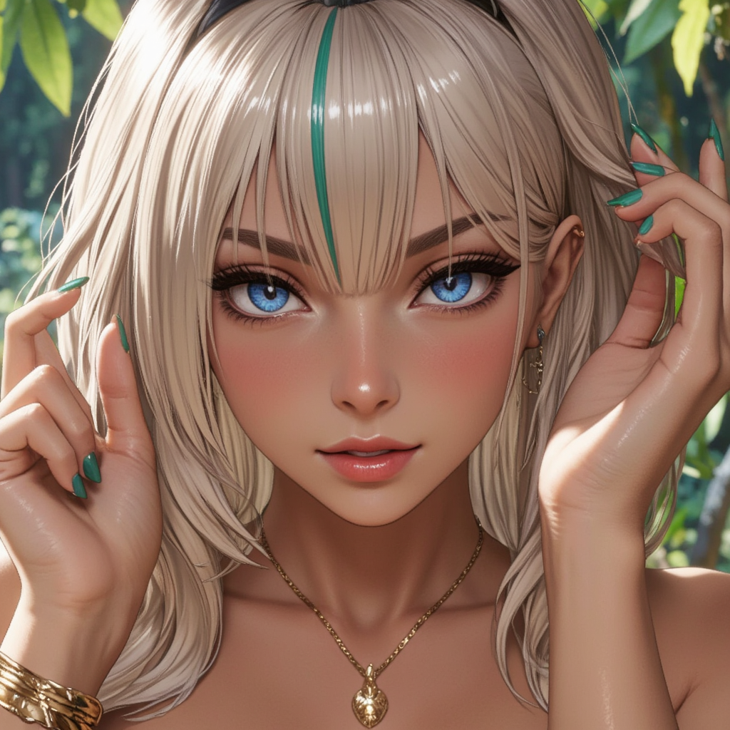 nebris, huge_breasts, dark_skin, blue_eyes, bangs, ivory hair, multicolored_hair, green_streaked_hair,nail_polish, green_nails, nail_art,  gold_necklace, gold_bracelet, earrings, ear cuff, <lora:Nebris_flux1_v2-000070:1.0>