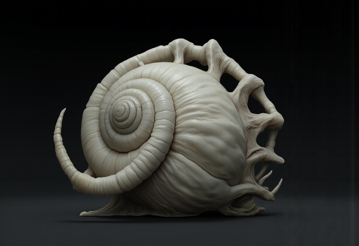 This creature presents a fusion of snake human head and snail features. Its core design revolves around a serpentine body integrated with a shell. the creature appears ethereal and luminous, with a pearl-like, almost celestial shell and a pale, ghostly body. 
Set against a solid dark black color background to emphasize its unsettling unnatural form that emphasizes its silhouette. The medium is not a traditional painting or illustrative medium like watercolor or ink but rather a digital 3D rendering.
MikeFranchinastyle, d4artstyle, d4concept, , bbstyle,, horror theme,, zbrush, ZBClay model of a gray sculpture, 1990's, 1990's style