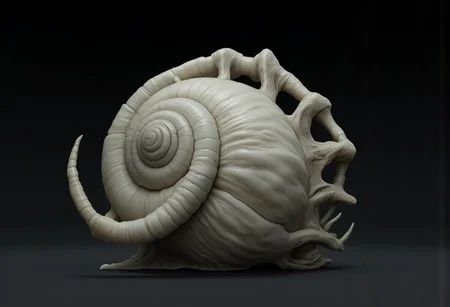 This creature presents a fusion of snake human head and snail features. Its core design revolves around a serpentine body integrated with a shell. the creature appears ethereal and luminous, with a pearl-like, almost celestial shell and a pale, ghostly body.
Set against a solid dark black color background to emphasize its unsettling unnatural form that emphasizes its silhouette. The medium is not a traditional painting or illustrative medium like watercolor or ink but rather a digital 3D rendering.
MikeFranchinastyle, d4artstyle, d4concept, , bbstyle,, horror theme,, zbrush, ZBClay model of a gray sculpture, 1990's, 1990's style