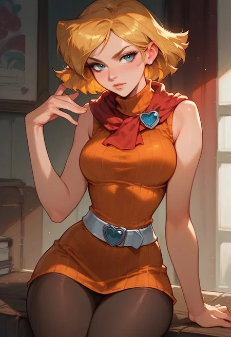 (score_9, score_8_up, score_7_up), 1girl, solo, clover \(totally spies\), blonde hair, short hair, blue eyes,tight clothing, hips, thighs, bangs, red scarf, orange sweater, sleeveless turtleneck, green miniskirt, belt, pantyhose