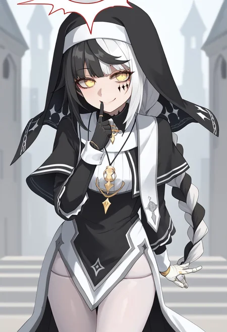 1girl, absurdres, solo, long hair, black hair, streaked hair, two-tone hair, yellow eyes, braid, white hair, multicolored hair, facial mark, braided ponytail, veil, nun, habit, black capelet, asymmetrical gloves, mismatched gloves, white pantyhose, doll joints, smile, index finger raised, finger to mouth, shushing, naughty face, half-closed eyes, head tilt