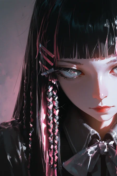 best quality, masterpiece, very awa, absurdres,    <lora:high_detailILL:0.6> high_detail, dino_(dinoartforame), <lora:Smooth_Booster_v2:0.6>, <lora:Niji_oil_painting_drawing-anime:0.8>, anime, 
Bold, rebellious, and edgy, High-contrast lighting with chromatic aberration, Overlayed with retro VHS static effects and glitch textures,
cool girl, solo, portrait, black hair, straight hair, hime cut, long hair, straight bangs, pink hair highlights, pink hair clips, short bangs, multiple braids, ribbons, bow, bangs above eyebrows, big eyes, grey eyes,