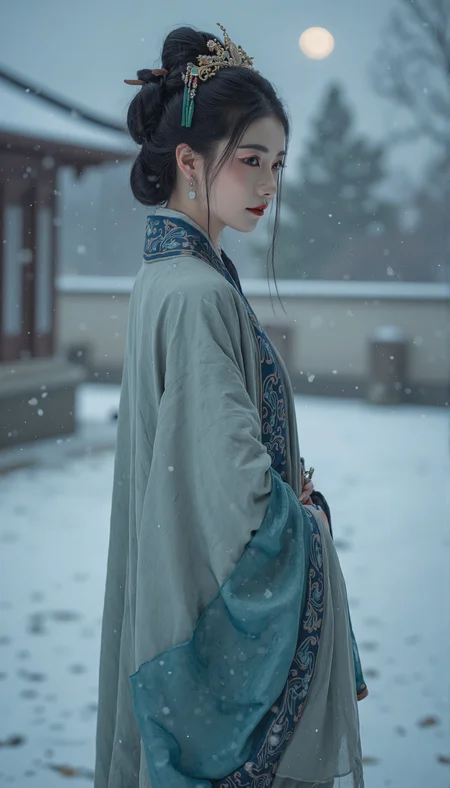In the image, a woman dressed in traditional Chinese attire from the Ming Dynasty period stands poised against a tranquil, snow-covered background. She wears a long silk robe with intricate blue and green hues characteristic of this historical fashion style. Her hair is styled in an elaborate updo, adorned with jade hairpins and dangling earrings that sparkle under the soft glow of a full moon, signifying her elevated social status. The wide sleeves of her robe are typical of the era's design. The gentle snowfall casts a serene atmosphere over the scene, highlighting the high-quality details in her attire and the surrounding landscape. The overall impression is one of elegance and refinement, capturing the essence of Ming Dynasty court life with a sense of nobility and grace. This masterpiece conveys exceptional craftsmanship, reminiscent of artists who specialized in Ming Dynasty court portraits.. qingyi<lora:flux\ã麦æ©éè¡£ãMajicflus.safetensors:0.7000000000000001:0.7000000000000001> <lora:flux\majicbeauty1.safetensors:1.0:1.0>