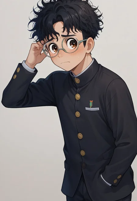 score_9, score_8_up, score_7_up, source_anime, highly detailed, young, 1boy, solo, cute boy, okarun, black hair, curly hair, brown eyes, glasses, school uniform, gakuran, back pants, shy, nervous