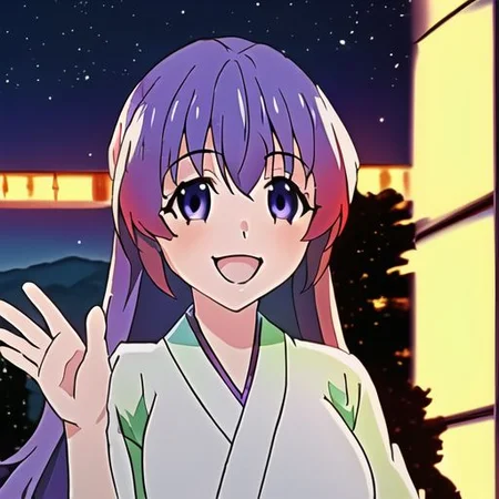1girl, female, (solo), (best quality background, beautiful background, masterpiece background:1.3), (cute), anime screencap, long hair, purple hair, Japanese architecture, yukata, waving, midnight, night, starry, smile, high quality, best quality, masterpiece, best quality character, beautiful eyes