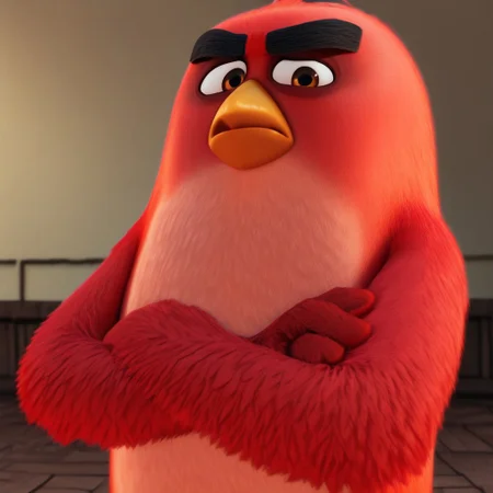 score_9, score_8_up, score_7_up, score_6_up, perfect limbs, detailed image, detailed eyes, perfect beak, perfect eyes, Masterpiece, High quality, Red_angry_birds,((( angry))), bust shot, crossed arms, 3d, 3d Animation, Furry, bird, Red fur, belly, (looking at viewer), short, (((face shot)))