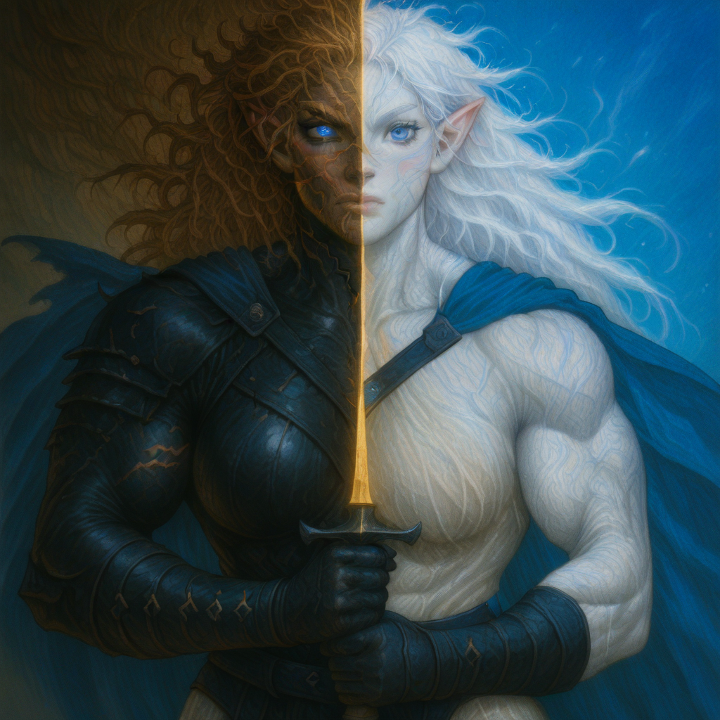 masterpiece, best quality, newest, absurdres, highres, DUSV1.0, split screen, split theme, dual persona, transformation, dark persona, holding sword, sword, holding weapon, holding, weapon, 1girl, pale, white skin, colored skin, pale skin, elf, pointy ears, muscular woman, armor, cape, leather armor, scar, scars on face, white hair, long hair, messy hair, black armor, black leather, blue eyes,