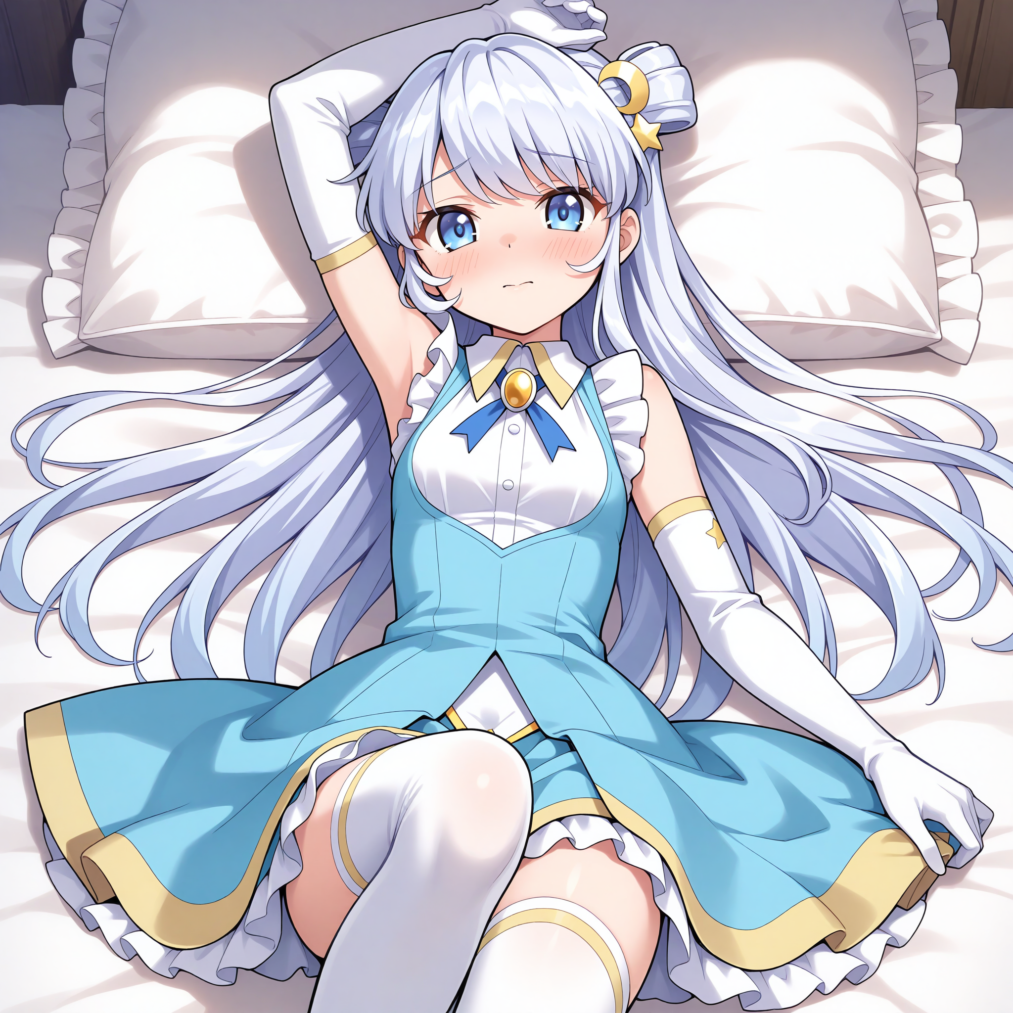 <lora:Dia_Viekone_1_nai-000034:1>,Dia Viekone,double bun,star hair ornament,crescent hair ornament,
magical girl,official outfit,white gloves,elbow gloves,white thighhighs,blue dress,brooch,white shirt,collared shirt,sleeveless shirt,neck ribbon,blue ribbon,frills,frilled shirt,
1girl,solo,on bed,lying,on back,front view,looking at viewer,arm above head,straight-on,knee up,blush,shy,