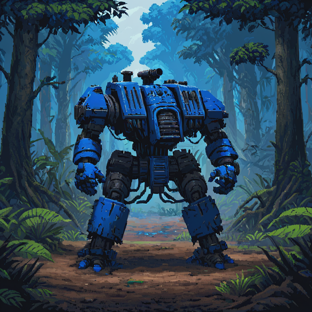 a blue and black drdnght machine with a gun walks through deep jungle mud searching for enemies who hide behind trees and bushes waiting in ambush