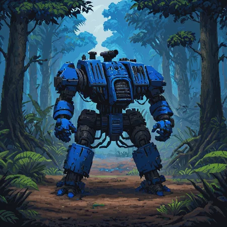 a blue and black drdnght machine with a gun walks through deep jungle mud searching for enemies who hide behind trees and bushes waiting in ambush