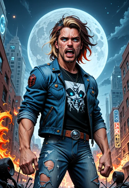 animated nightmare style, 1boy, beard, belt, black hair, black shirt, blonde hair, blue eyes, blue jacket, brown hair, building, city, clenched hands, crying, denim, denim jacket, facial hair, fire, jacket, jeans, jewelry, leather jacket, looking at viewer, male focus, moon, multicolored hair, necklace, open clothes, open jacket, open mouth, outdoors, pants, scar, shirt, sky, skyscraper, solo, stubble, tears, teeth, torn clothes, torn pants, two-tone hair, veins
