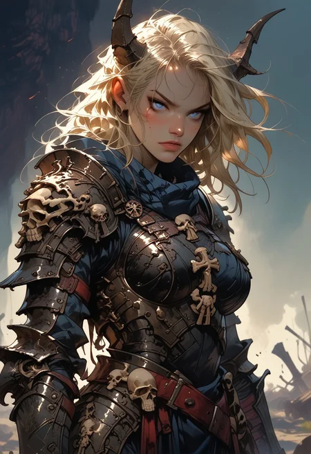 score_9, score_8_up, score_7_up, score_6_up, score_5_up, score_4_up, rating_explicit, source_western, Ellie Buckingham, ((Bright Blond hair)), Blond Hair, Blond Bright blue eyes. Very large breasts, torpedo breasts, humongous breasts Western Style Artwork. Bold Lines,
1girl, black goat horns, curled back goat horns, ,bone wings, old armor, rusty armor, dirty armor. ((black)) armor. demonic faces on armor, spikey armor, high detail armor, claws,, red glow from armor, internal glow, low fantasy, dark lighting, gauntlets, dusty skin, ashen skin, bone ridges, boney brow, bone spurs
1 girl, cowboy shot detailed background, battlefield, wasteland, thighs
glare, looking at viewer
arm0rs3nt1n3l
dark theme
sinozick style